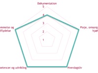 Tilsynet bedømmer plejecentret på fem temaer fra 1-5, hvor 5 er den bedste og udtryk for "Særdeles tilfredsstillende". Figurens størrelse er et udtryk for kvaliteten målt på de valgte temaer og indikatorer. Jo større figur, jo højere kvalitet. Figuren viser Toftehøjens bedømmelse fra 2019. På temaet dokumentation opnår Toftehøjen "kun" 4. Det skyldes implementeringen af det nye dokumentationssystem, Nexus. Det er en udfordring hele ældreområdet deler og som er typisk ved implementering af nye systemer.